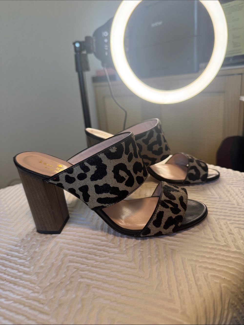 kate spade Leopard Print Double Strap Block Heel Sandals in Black and Tan